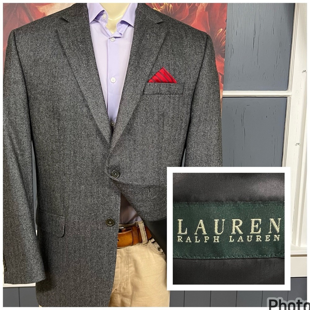 Lauren Ralph Lauren Wool Cashmere Blazer Jacket Men 44R Herringbone Gray Flannel
